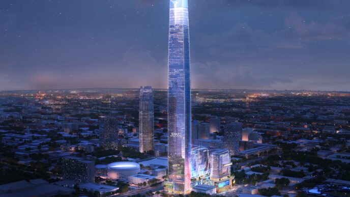 Visualización de Legends Tower, rascacielos en Oklahoma City. Será el más alto de EE. UU. con aprobación del Ayuntamiento. Arquitectura moderna y ciudad.