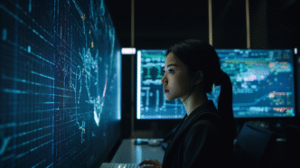 Mujer asiática frente a pantallas con datos, liderando la era de la IA. Transformación y visión femenina impulsando la tecnología avanzada con enfoque estratégico.