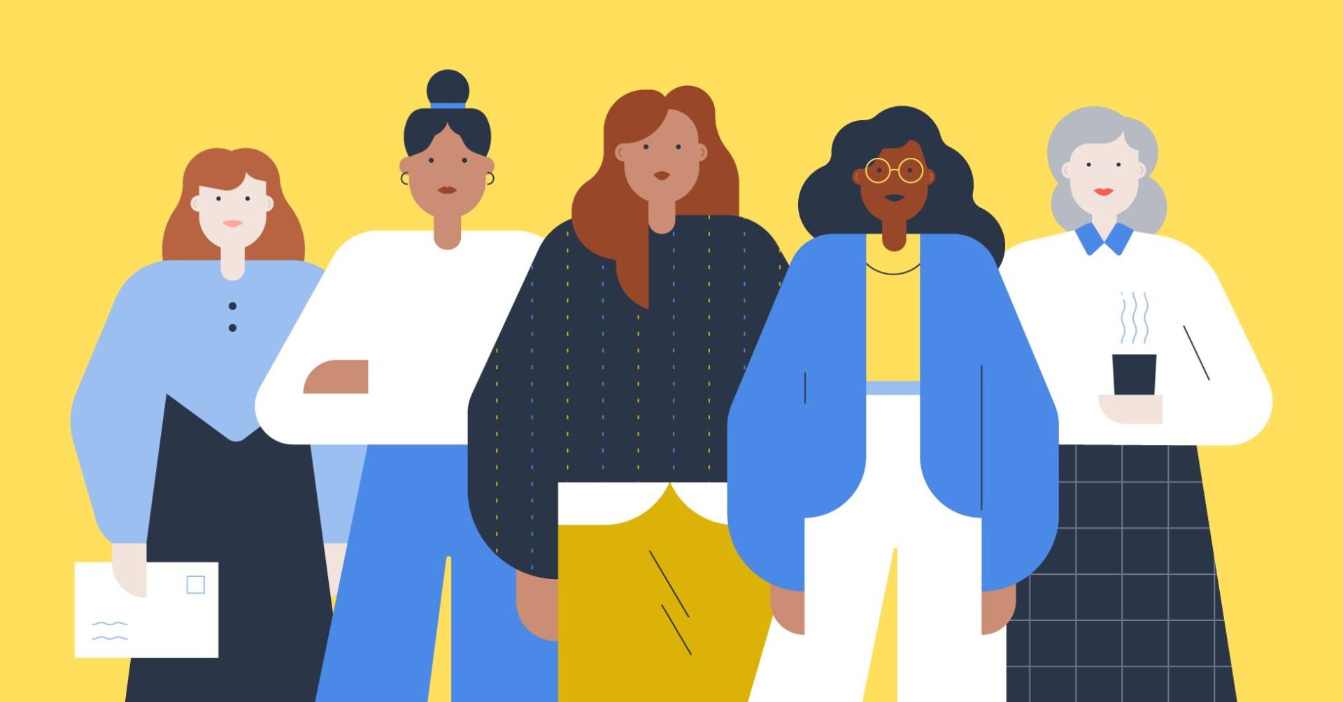 Ilustración de cinco mujeres diversas, representando liderazgo femenino en Real Estate y la superación de barreras salariales con un fondo amarillo.