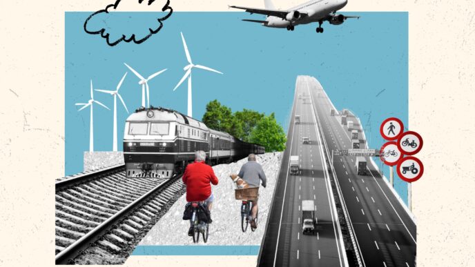 Ilustración de logística baja en carbono: tren, avión, bicicletas, carretera, y molinos de viento. Transporte sostenible e innovación logística.