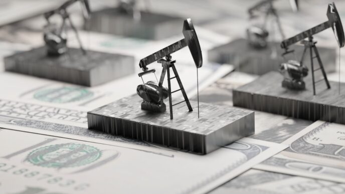Concepto de energía en Inmobiliare Summits. Modelos de torres de perforación petrolera sobre billetes de dólar. Riesgos de inversión en LATAM.