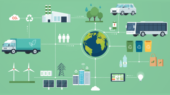 Ilustración de logística verde para un sector sustentable. Inmobiliare Summits presenta estrategias para real estate en México y LATAM.