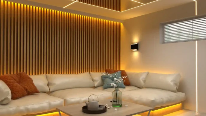Lujo en iluminación LED: Sala con pared de listones, sofá modular y luces LED que transforman el ambiente. Diseño moderno y acogedor con innovación.