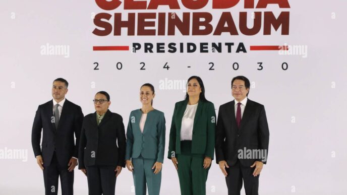 speakers/headshot
Claudia Sheinbaum y su gabinete posan en evento en México. Mario Delgado y Harfuch presentes. Conferencia LATAM.