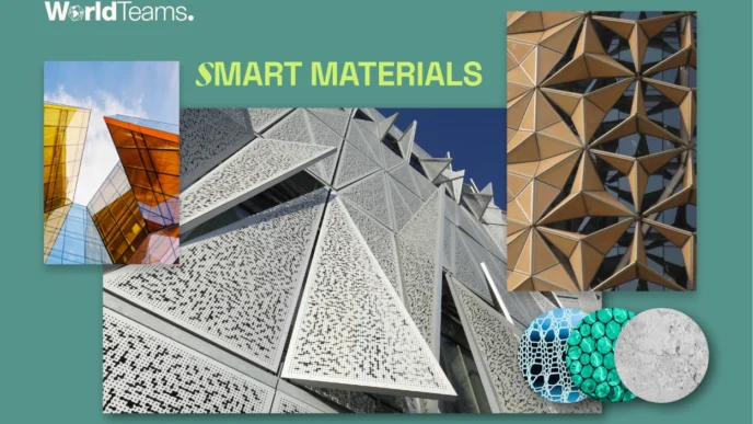 Muestra de materiales de aislamiento inteligente para real estate innovador. Edificios modernos con diseños geométricos y texturas variadas.