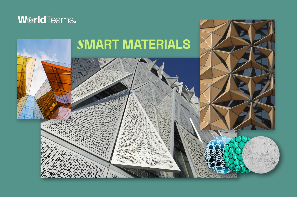 Muestra de materiales de aislamiento inteligente para real estate innovador. Edificios modernos con diseños geométricos y texturas variadas.