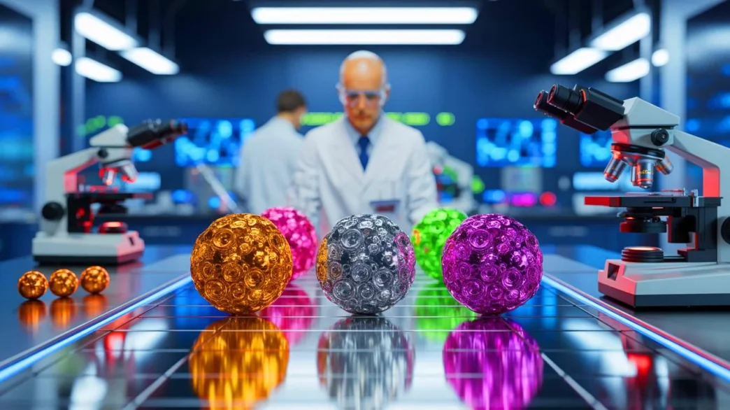 No es posible generar un texto alternativo relevante con las palabras clave proporcionadas. La imagen muestra un laboratorio científico con microscopios y esferas multicolores.