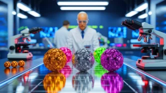 No es posible generar un texto alternativo relevante con las palabras clave proporcionadas. La imagen muestra un laboratorio científico con microscopios y esferas multicolores.