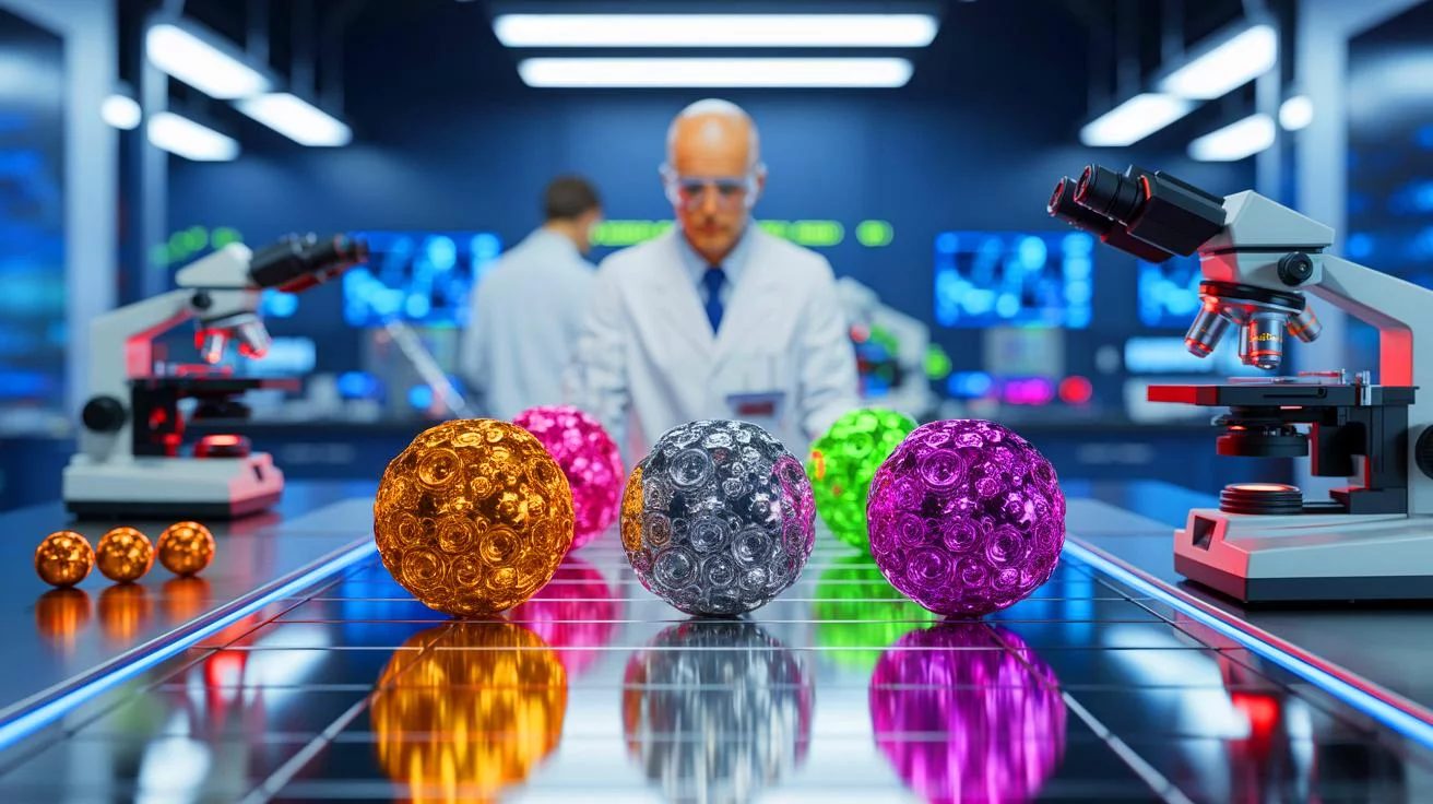 No es posible generar un texto alternativo relevante con las palabras clave proporcionadas. La imagen muestra un laboratorio científico con microscopios y esferas multicolores.