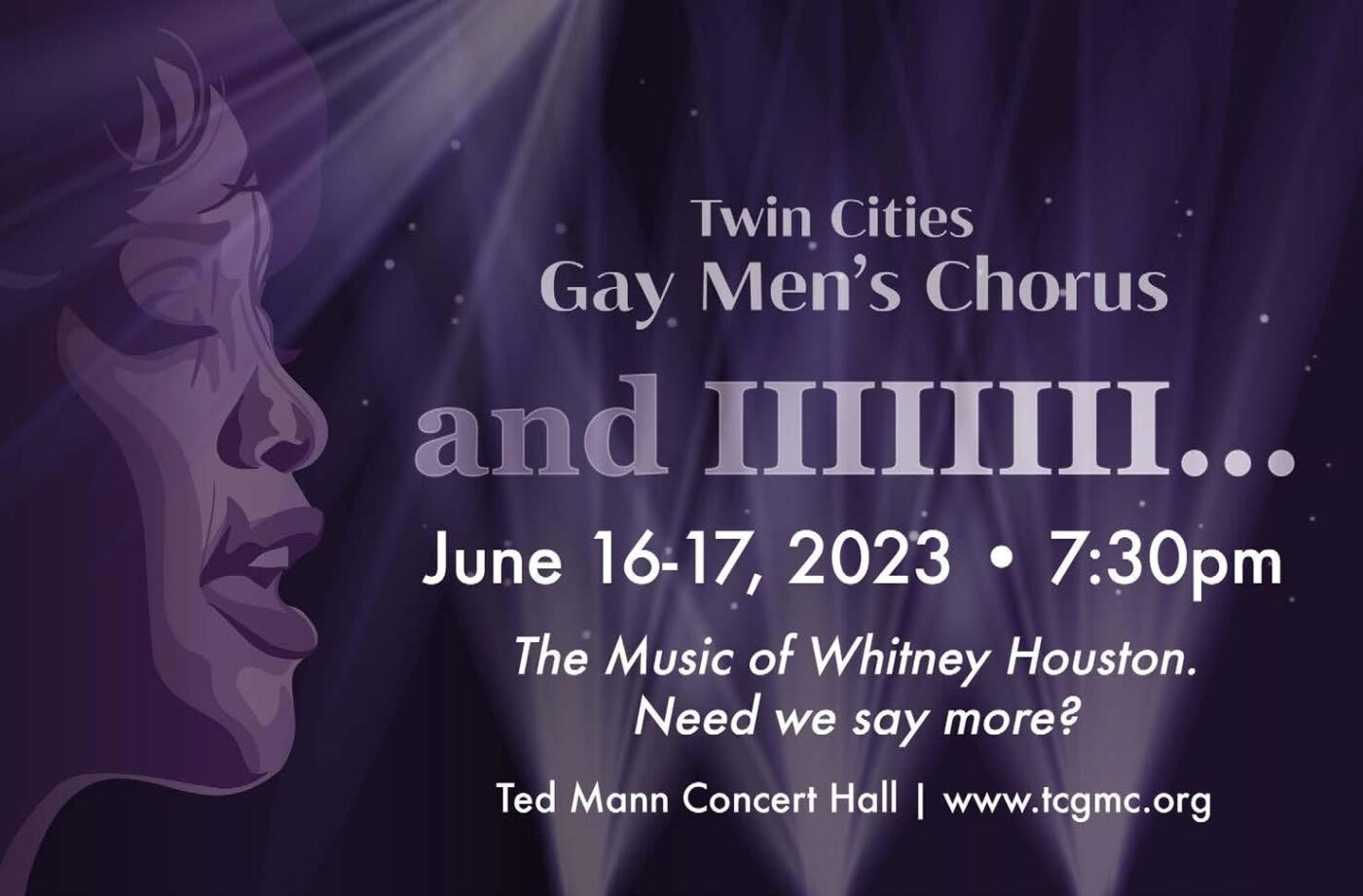 Anuncio del Twin Cities Gay Men's Chorus, tributo a Whitney Houston, junio 16-17, 2023. Silueta femenina cantando bajo luces púrpuras.