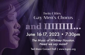 Anuncio del Twin Cities Gay Men's Chorus, tributo a Whitney Houston, junio 16-17, 2023. Silueta femenina cantando bajo luces púrpuras.