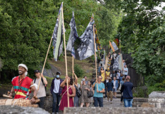 Celebración cultural con música y banderas en evento artístico. Grupo subiendo escaleras, ambiente festivo. Evento de Bellas Artes.