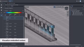 Visualización 3D de estructura de puente para medición del carbono incorporado en la construcción sostenible. Análisis de materiales y cantidades.