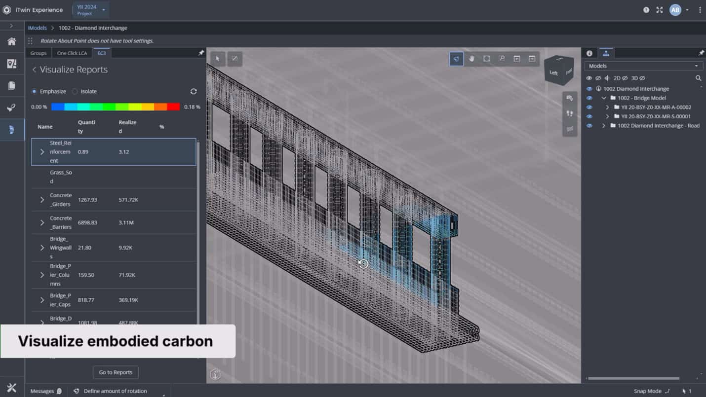 Visualización 3D de estructura de puente para medición del carbono incorporado en la construcción sostenible. Análisis de materiales y cantidades.