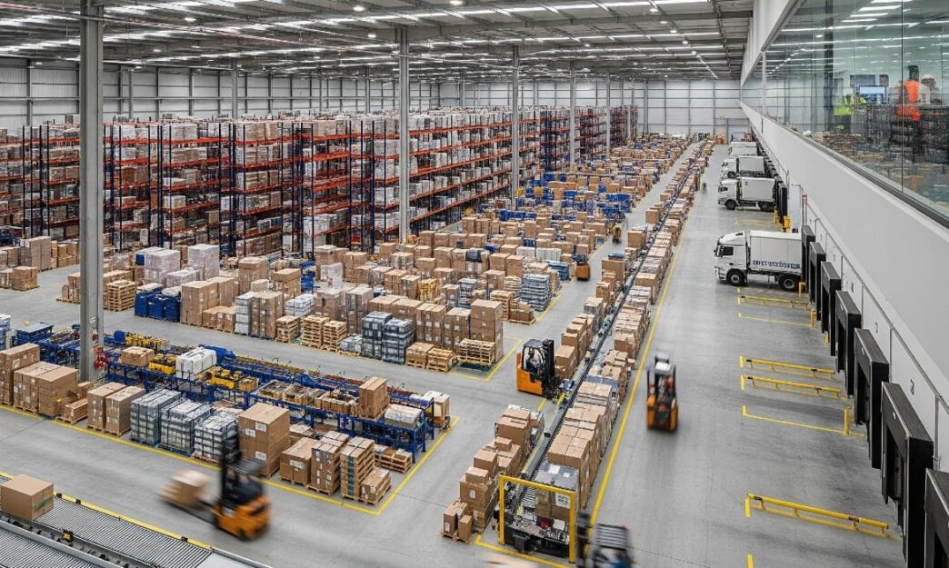 Venue/architecture.

Almacén industrial con estanterías llenas de cajas y montacargas en movimiento. Logística y cadena de suministro.