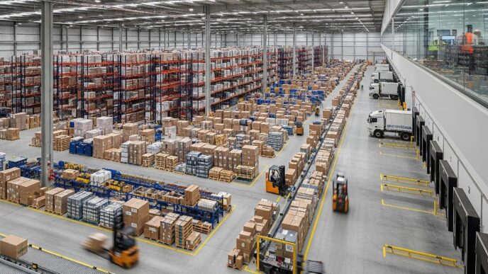 Venue/architecture.

Almacén industrial con estanterías llenas de cajas y montacargas en movimiento. Logística y cadena de suministro.