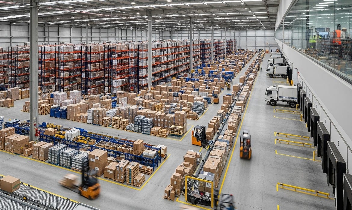 Venue/architecture.

Almacén industrial con estanterías llenas de cajas y montacargas en movimiento. Logística y cadena de suministro.