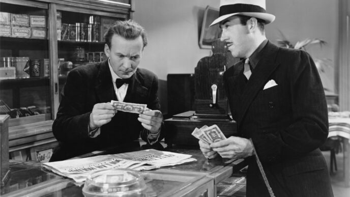 Escena vintage en blanco y negro: un hombre con sombrero paga en efectivo mientras el vendedor examina el billete. #realestate #Mexico #conference