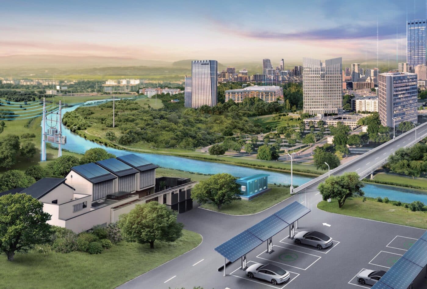 Vista aérea de desarrollo industrial en Monterrey: edificios, río, paneles solares y autos eléctricos. Nearshoring impulsa el mercado inmobiliario industrial.