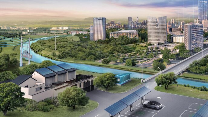 Vista aérea de desarrollo industrial en Monterrey: edificios, río, paneles solares y autos eléctricos. Nearshoring impulsa el mercado inmobiliario industrial.