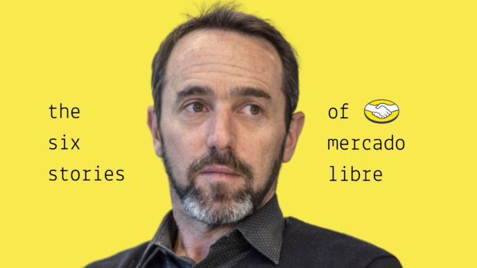 Retrato con fondo amarillo con el texto 'The six stories of mercado libre'. Imagen conceptual para el nuevo diseño de avión de Mercado Libre.