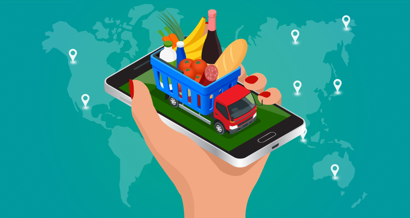 Sponsors/branding.

Ilustración digital del concepto dark store de Merqueo en México, mostrando un teléfono con un carrito de compras y un camión de reparto.