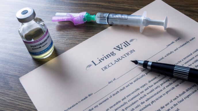 The image does not fit any of the listed categories.

Una declaración de Living Will con pluma, jeringa y frasco de medicamento. Concepto de eutanasia y derecho a una muerte digna.