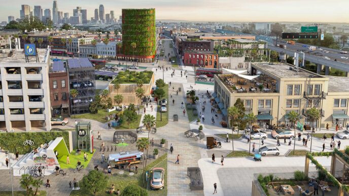 venue/architecture
Diseño arquitectónico de un espacio urbano con edificios verdes. Concepto de ciudad sostenible y movilidad. Inmobiliare Summits.