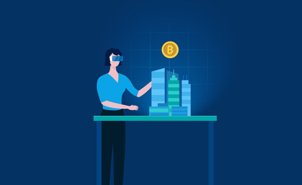 venue/architecture
Realidad virtual en Inmobiliaria Nex Gen. Mujer interactúa con modelo 3D de edificios y bitcoin. Innovación tecnológica en real estate LATAM.