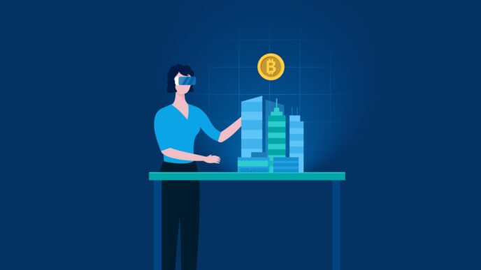 venue/architecture
Realidad virtual en Inmobiliaria Nex Gen. Mujer interactúa con modelo 3D de edificios y bitcoin. Innovación tecnológica en real estate LATAM.