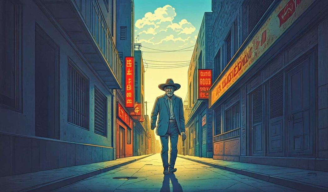 ciudad/destino
Calle urbana con hombre caminando hacia la luz. Arquitectura detallada y colores vibrantes. Escena de ciudad en México.