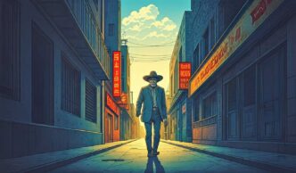 ciudad/destino
Calle urbana con hombre caminando hacia la luz. Arquitectura detallada y colores vibrantes. Escena de ciudad en México.