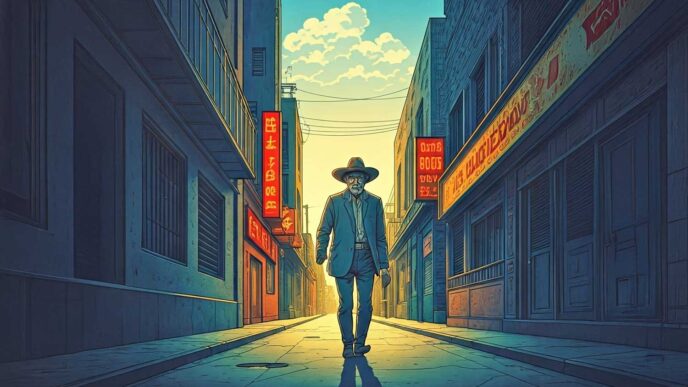 ciudad/destino
Calle urbana con hombre caminando hacia la luz. Arquitectura detallada y colores vibrantes. Escena de ciudad en México.