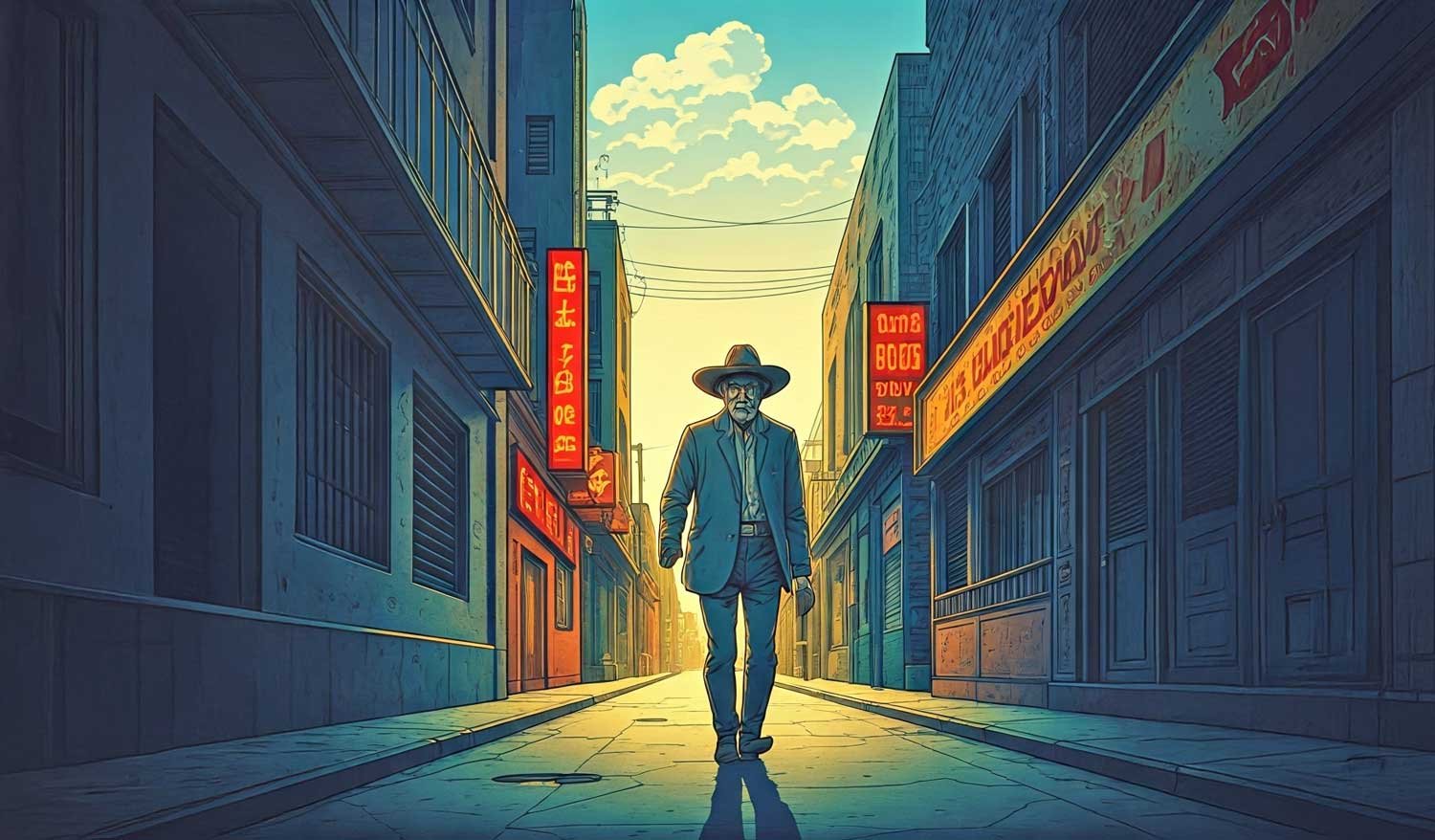 ciudad/destino
Calle urbana con hombre caminando hacia la luz. Arquitectura detallada y colores vibrantes. Escena de ciudad en México.