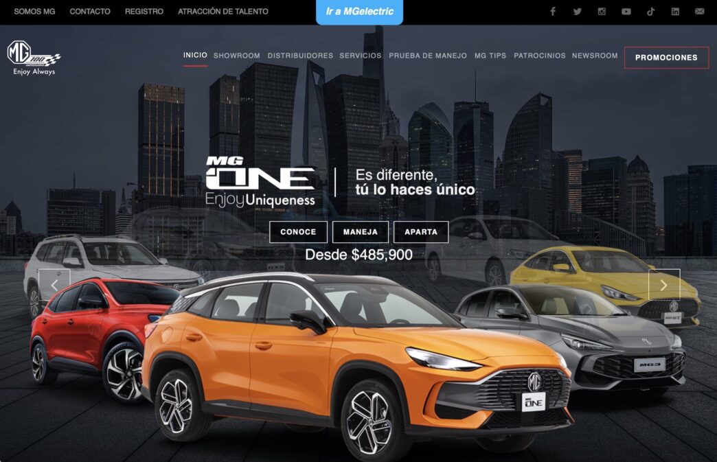 sponsors/branding

MG promociona su línea de vehículos ONE en su sitio web. Diseño moderno con enfoque en la ciudad y la individualidad.