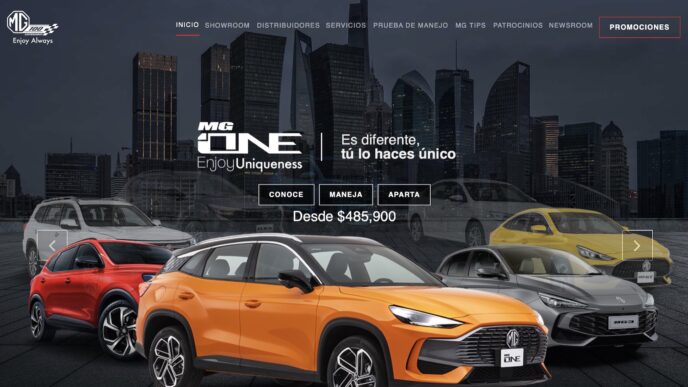 sponsors/branding

MG promociona su línea de vehículos ONE en su sitio web. Diseño moderno con enfoque en la ciudad y la individualidad.