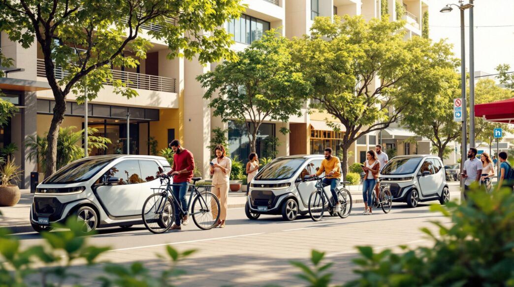 Movilidad Verde en Kinshasa: Alianza con coches eléctricos, bicicletas y personas en una calle arbolada. Futuro urbano sostenible y ecológico.