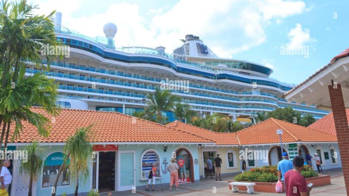 Vista del centro comercial en Santa Lucía, con un crucero imponente al fondo. Nueva atracción turística cerca del AIFA, con tiendas y ambiente vibrante.