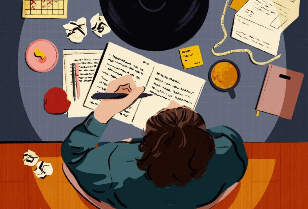 Ilustración de persona escribiendo en un cuaderno, rodeada de notas, café y calendario. Concepto de planeación para Inmobiliare Summits México.