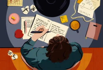 Ilustración de persona escribiendo en un cuaderno, rodeada de notas, café y calendario. Concepto de planeación para Inmobiliare Summits México.