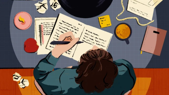 Ilustración de persona escribiendo en un cuaderno, rodeada de notas, café y calendario. Concepto de planeación para Inmobiliare Summits México.