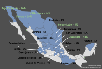 Mapa de México mostrando el impacto del nearshoring en la solicitud de crédito de viviendas por estado con porcentajes. Datos relevantes.