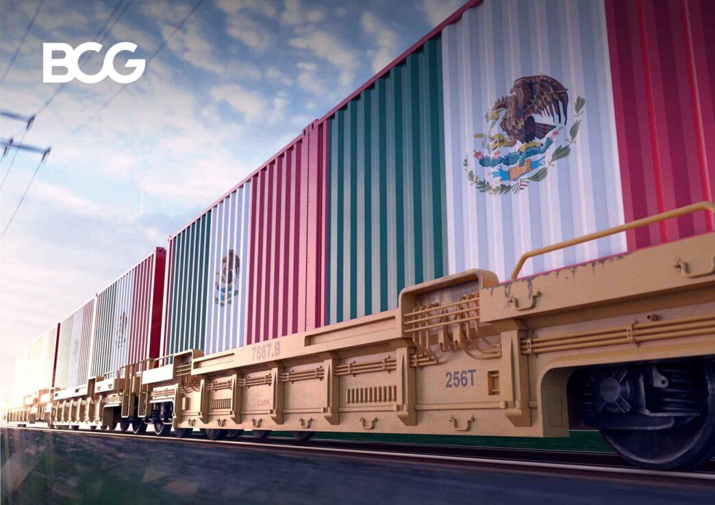 sponsors/branding
Tren con contenedores pintados con la bandera de México y logo de BCG. Nearshoring en México, Inmobiliare Summits, real estate.