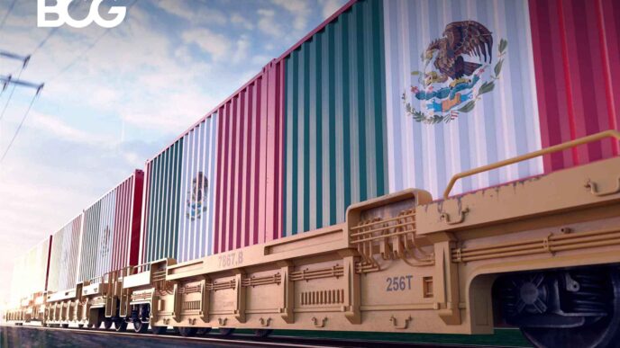 sponsors/branding
Tren con contenedores pintados con la bandera de México y logo de BCG. Nearshoring en México, Inmobiliare Summits, real estate.