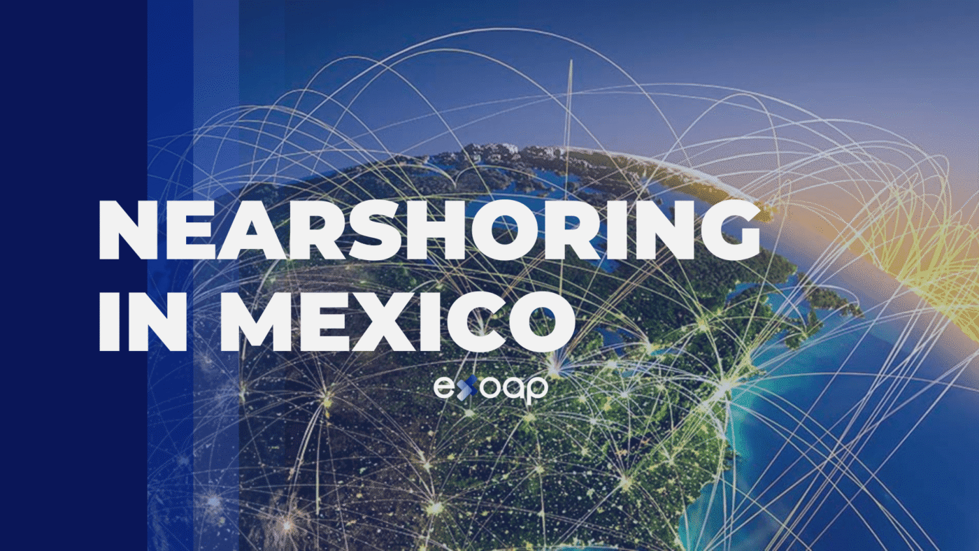 Imagen de Nearshoring en México con una representación de la Tierra y líneas conectando ciudades, ilustrando la gestión empresarial global.
