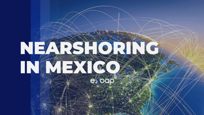 Imagen de Nearshoring en México con una representación de la Tierra y líneas conectando ciudades, ilustrando la gestión empresarial global.