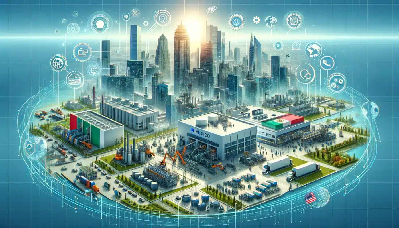 Visualización de nearshoring en México: fábricas modernas, rascacielos y tecnología avanzada. Impulso al crecimiento y desarrollo económico.