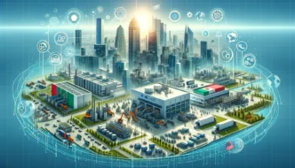 Visualización de nearshoring en México: fábricas modernas, rascacielos y tecnología avanzada. Impulso al crecimiento y desarrollo económico.