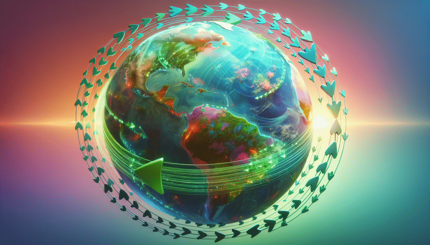 Ilustración del planeta Tierra con flechas verdes. Concepto de sostenibilidad y nearshoring en Inmobiliare Summits, LATAM.