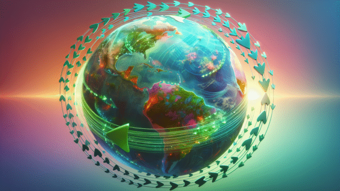 Ilustración del planeta Tierra con flechas verdes. Concepto de sostenibilidad y nearshoring en Inmobiliare Summits, LATAM.